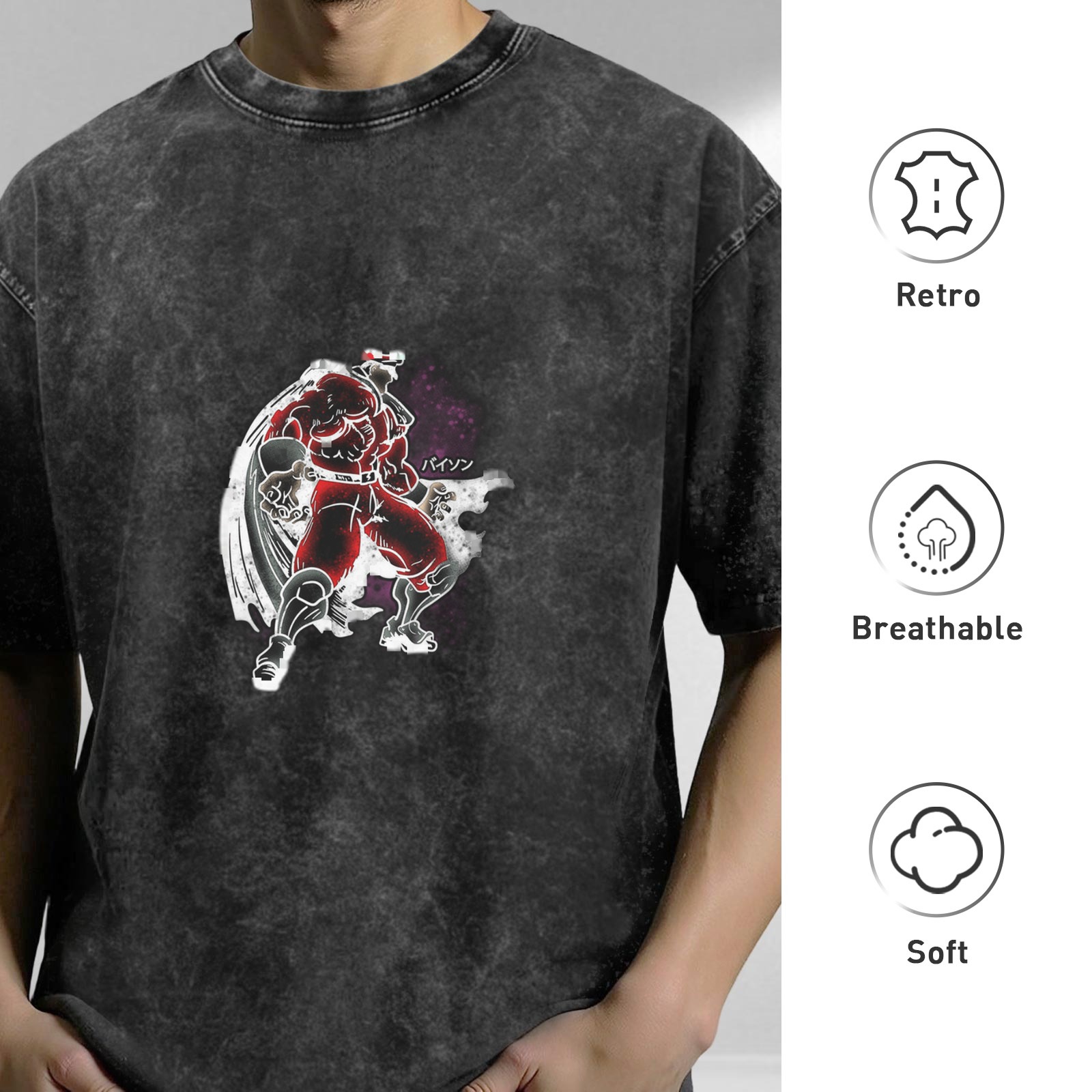 Oversized dark washed graphic t-shirt with anime villain print