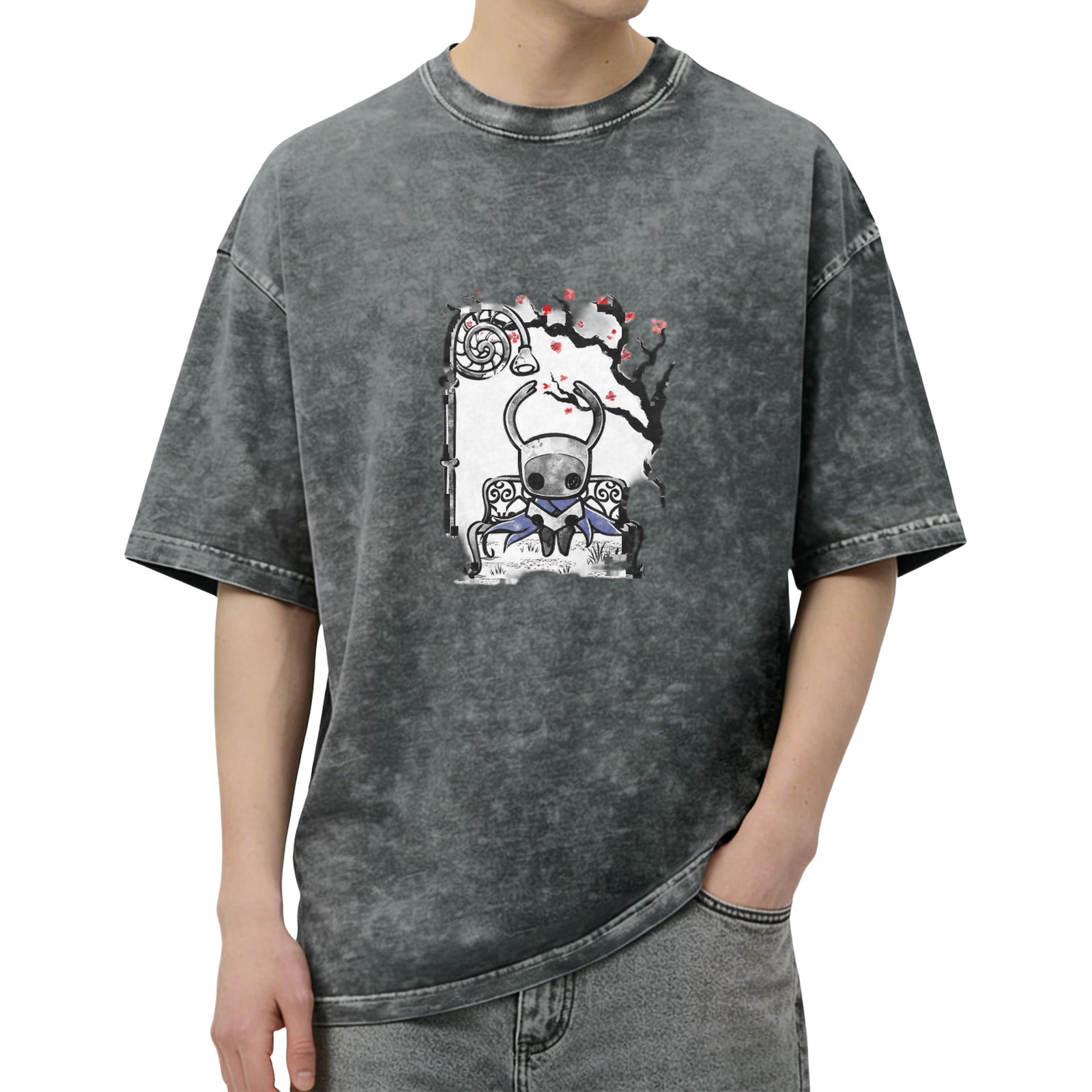 Washed black graphic t-shirt with Hollow Knight character on bench