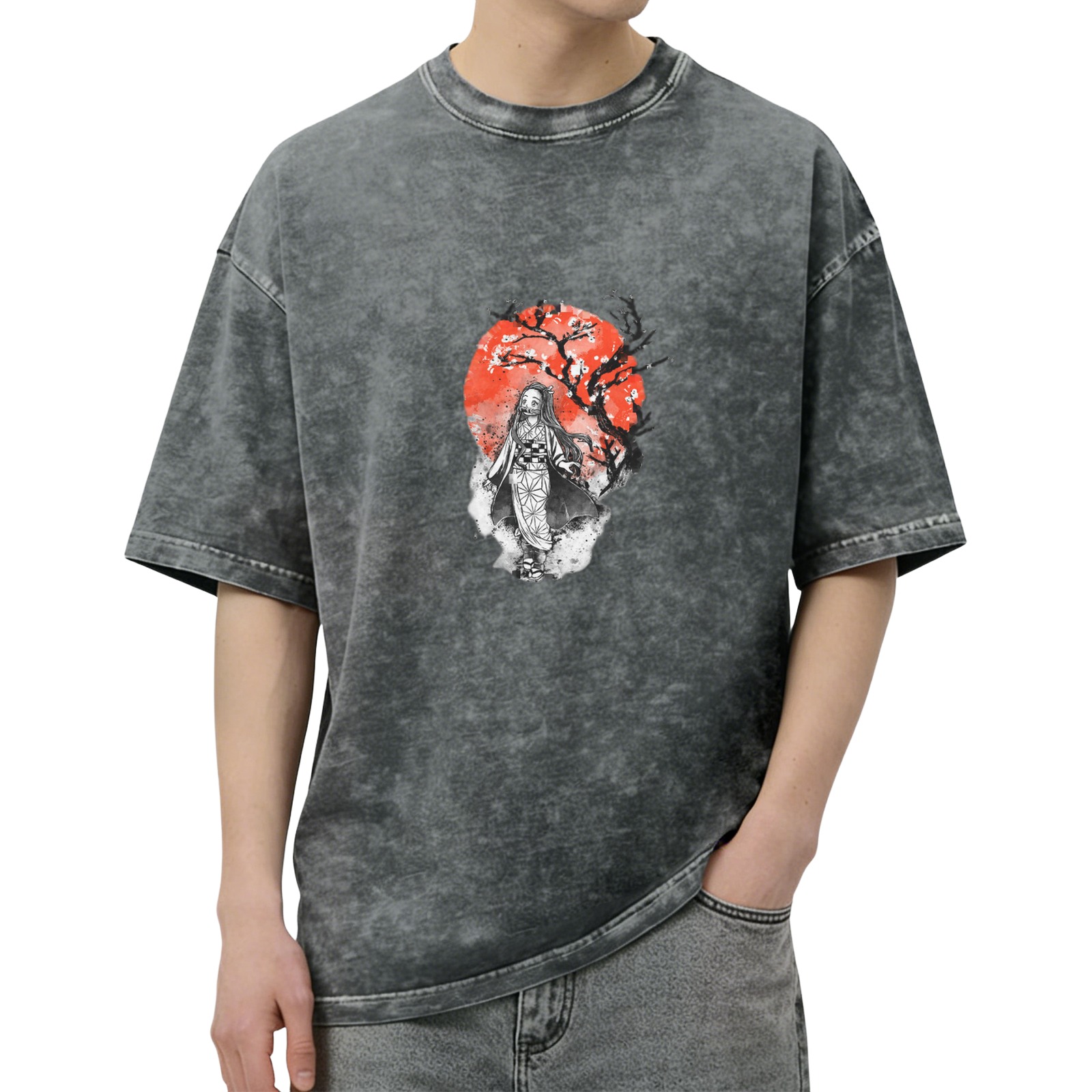 Oversized Vintage Wash Anime Graphic T-Shirt featuring Nezuko Kamado with Red Sun and Cherry Blossom Tree Design
