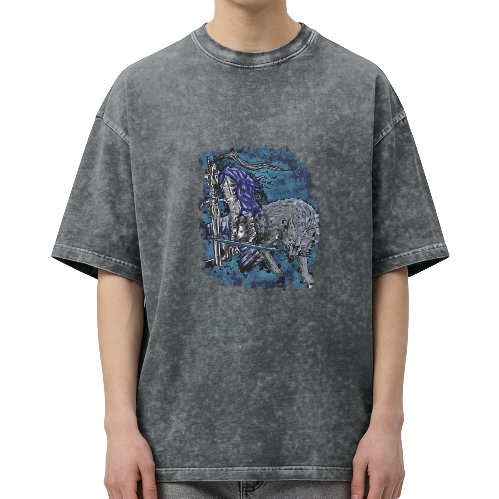 Washed Black T-Shirt With Knight And Wolf Fantasy Art Print