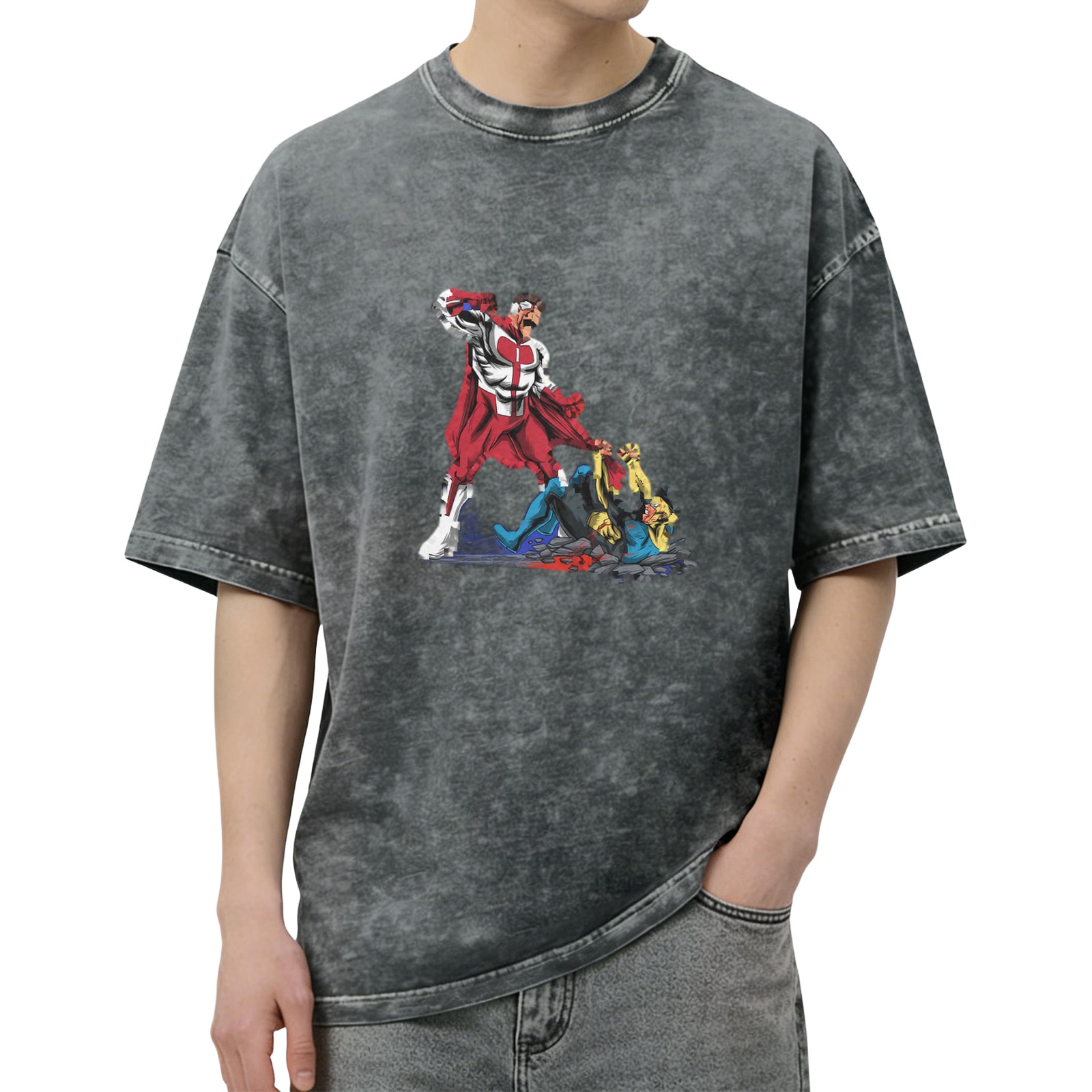 Oversized Dark Wash T-Shirt with Superhero Fight Graphic Print