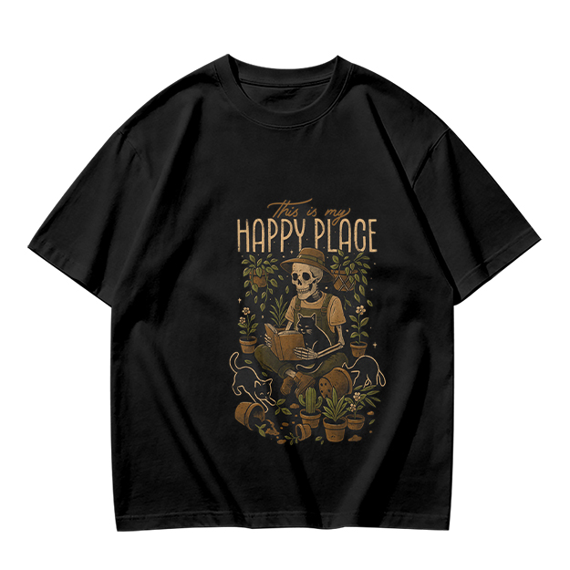 Happy Place Skeleton Gardener Cat Plant Lover T-Shirt