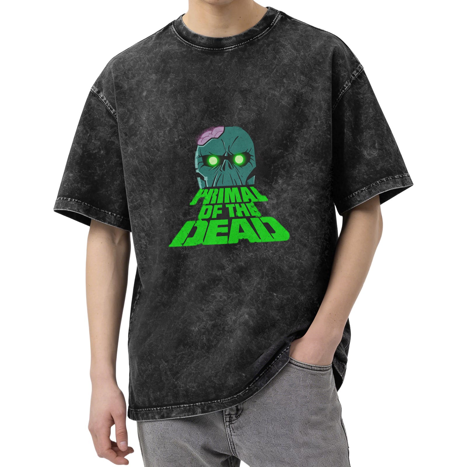 acid wash black t-shirt with primal of the dead zombie skull graphic