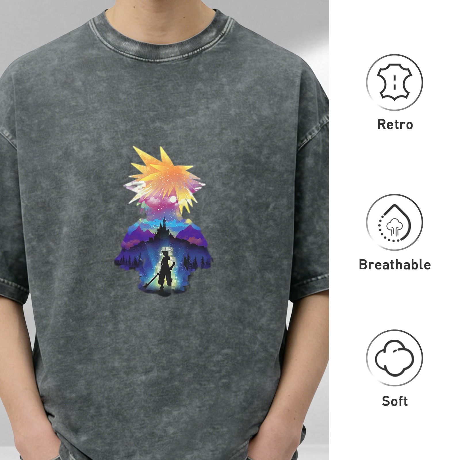 Final Fantasy themed distressed printed short-sleeved T-shirt