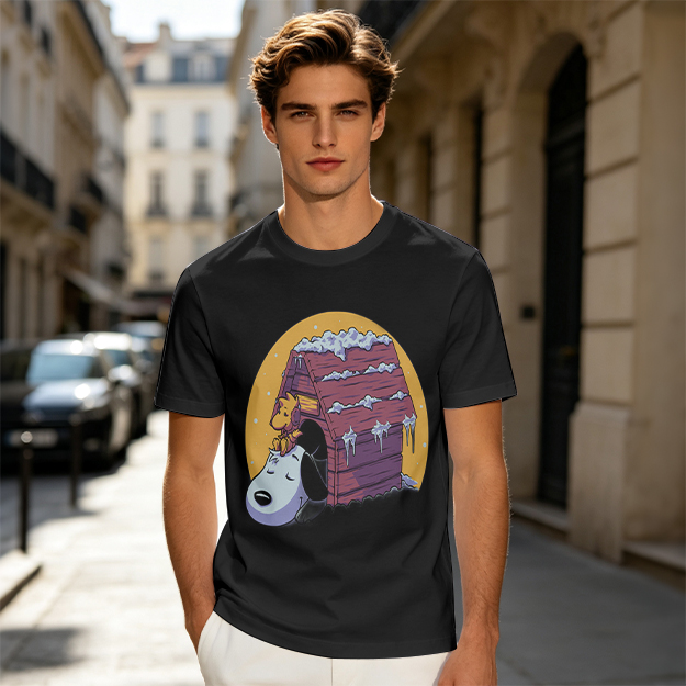 Olive T-shirt with Snoopy and Woodstock at snow-covered doghouse