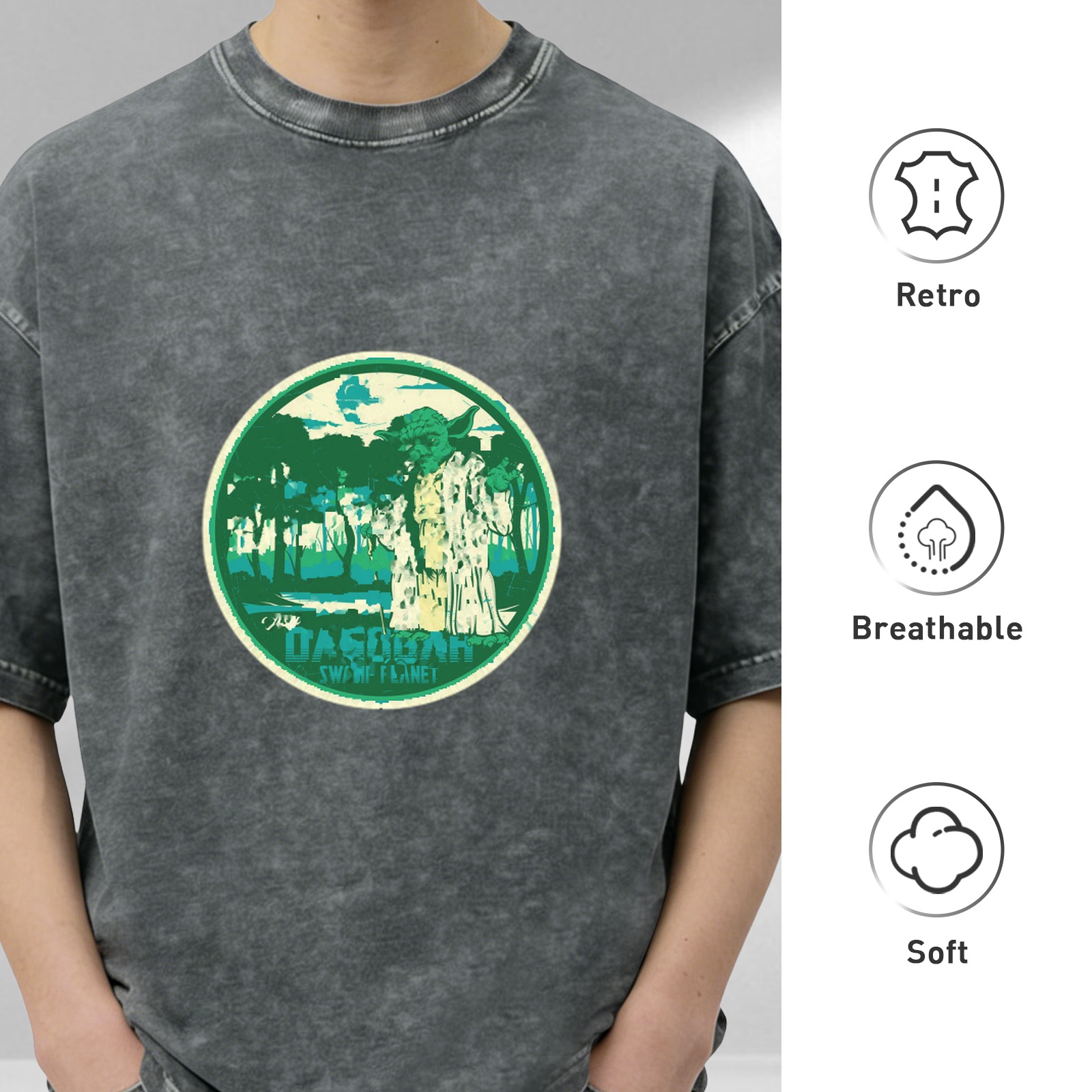 Oversized Acid Wash T-Shirt with Swamp Planet Graphic Print