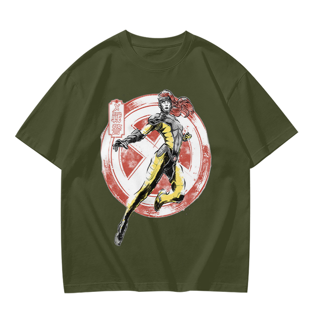 Olive T-shirt with X-Men style superhero graphic print