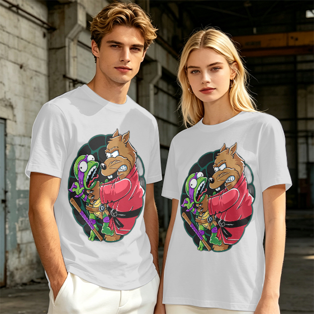 Olive T-shirt with Splinter Grabbing Donatello Ninja Turtle Art