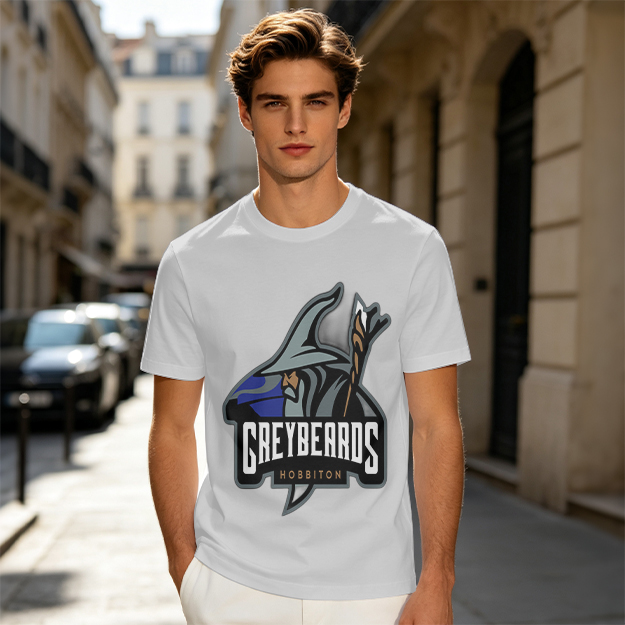 Olive t-shirt with Greybeards Hobbiton wizard graphic