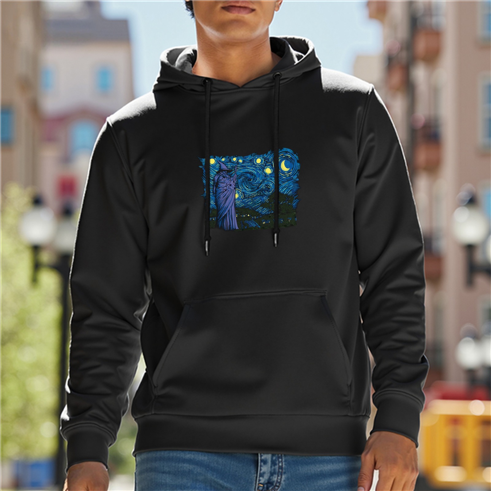 Black hoodie with Starry Night style wizard graphic print