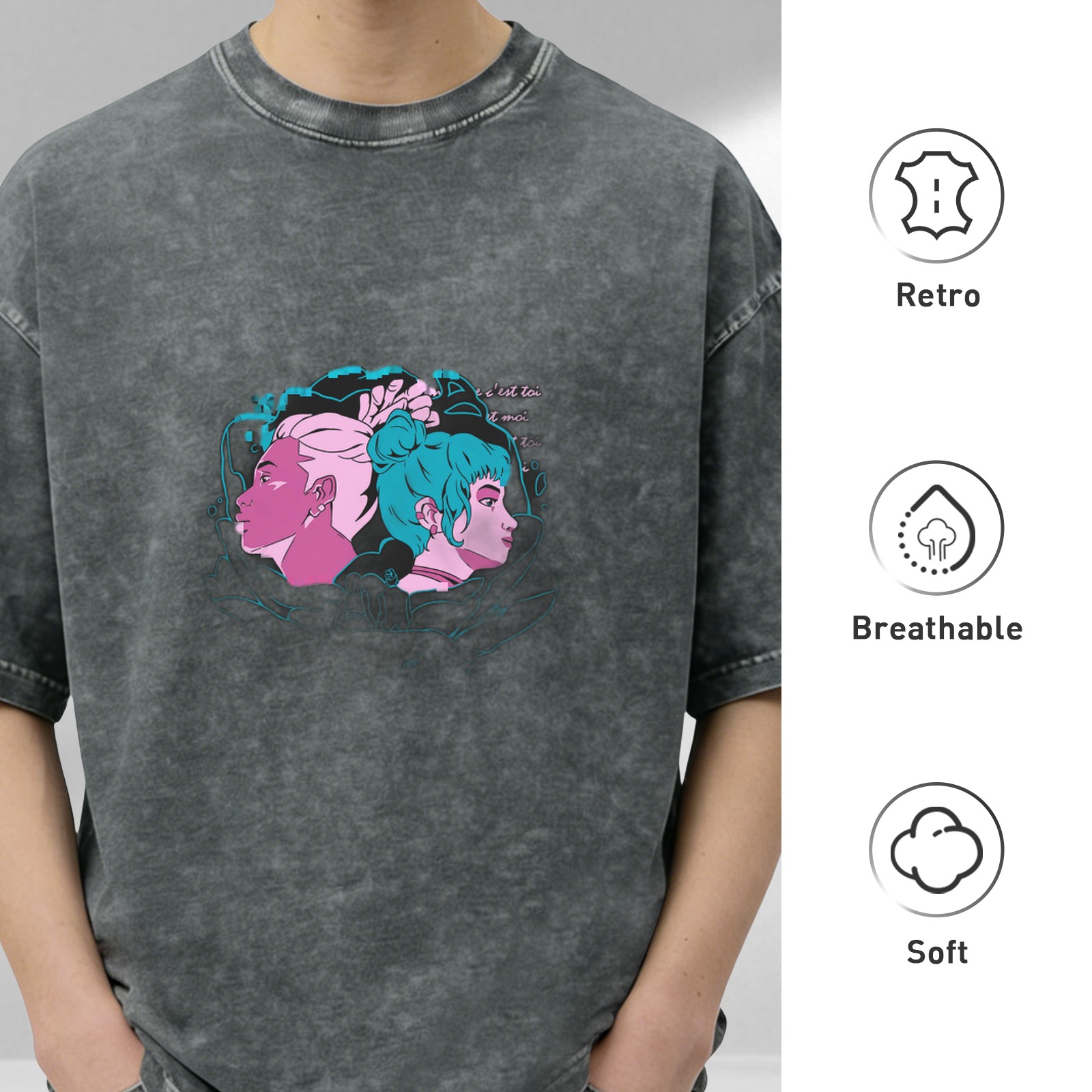 Oversized Acid Wash T-Shirt With Retro Anime Style Graphic Print