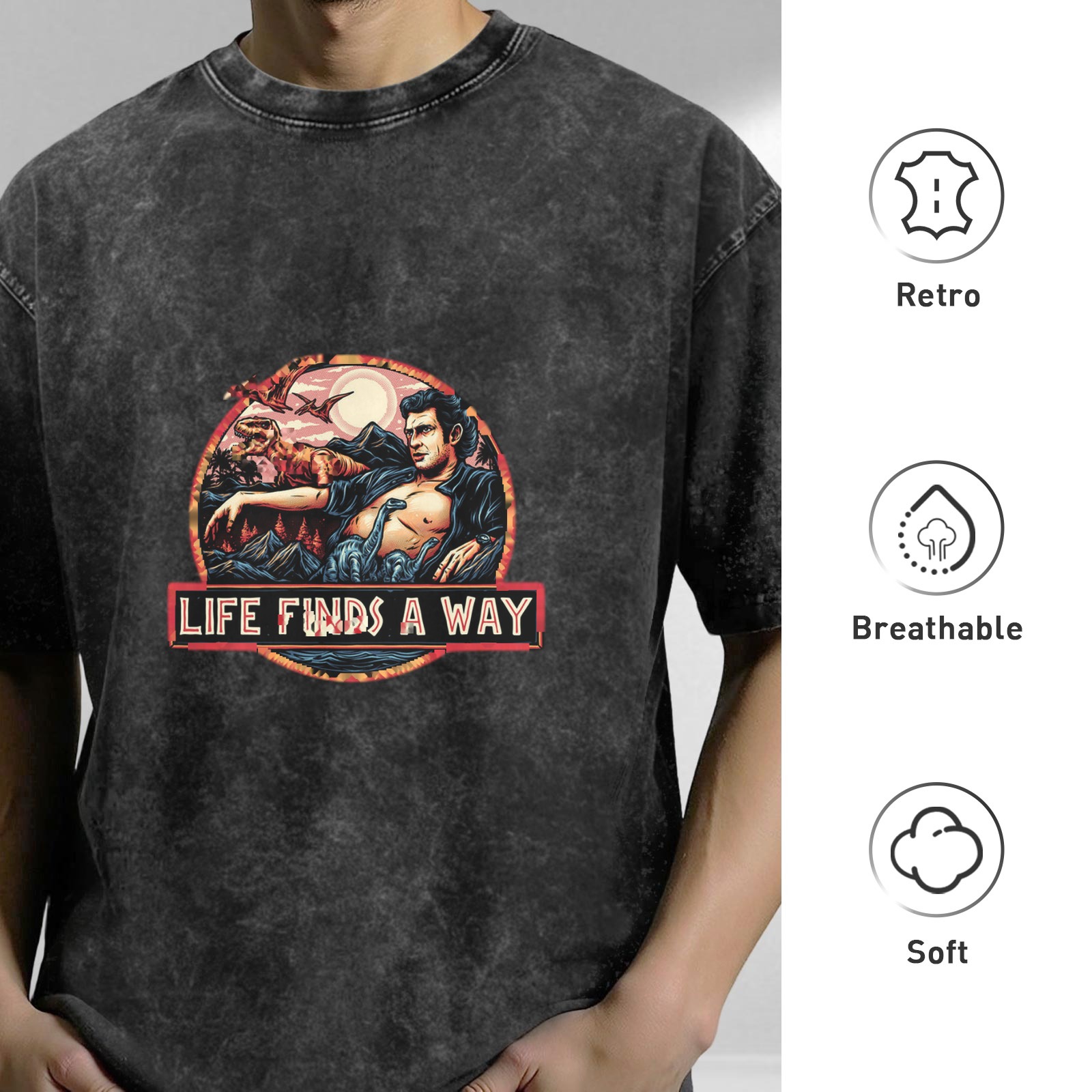 Washed black graphic t-shirt with Life Finds A Way dinosaur design