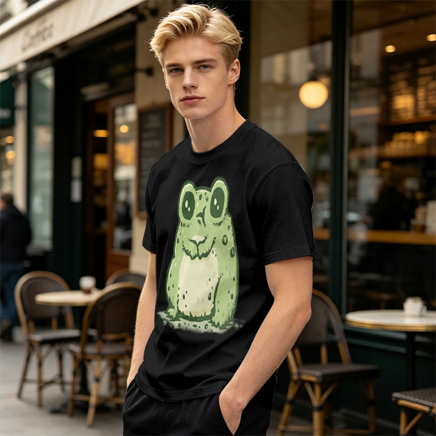 Olive Green T-Shirt With Cute Cartoon Frog Graphic Print