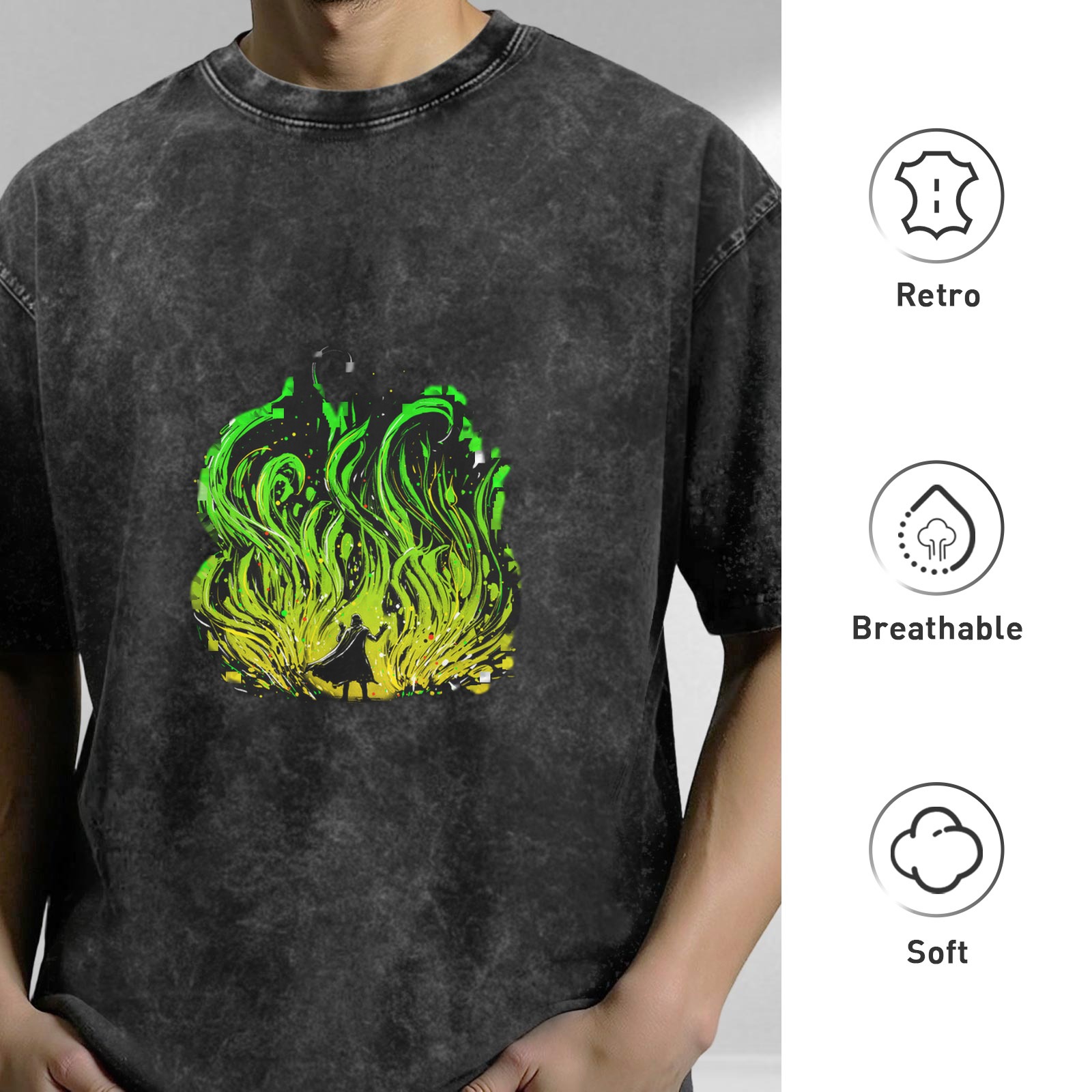 Oversized Acid Wash T-Shirt With Green Flame Silhouette Print