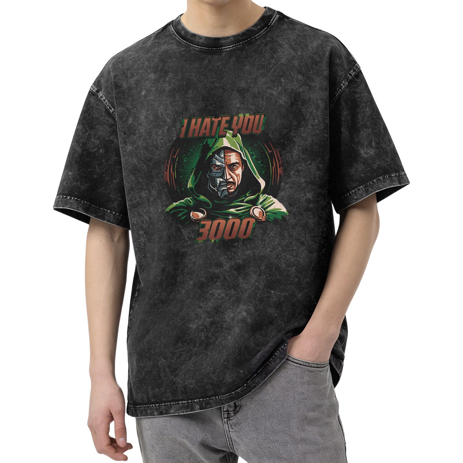 Washed Black Graphic T-Shirt with I Hate You 3000 Doom Design