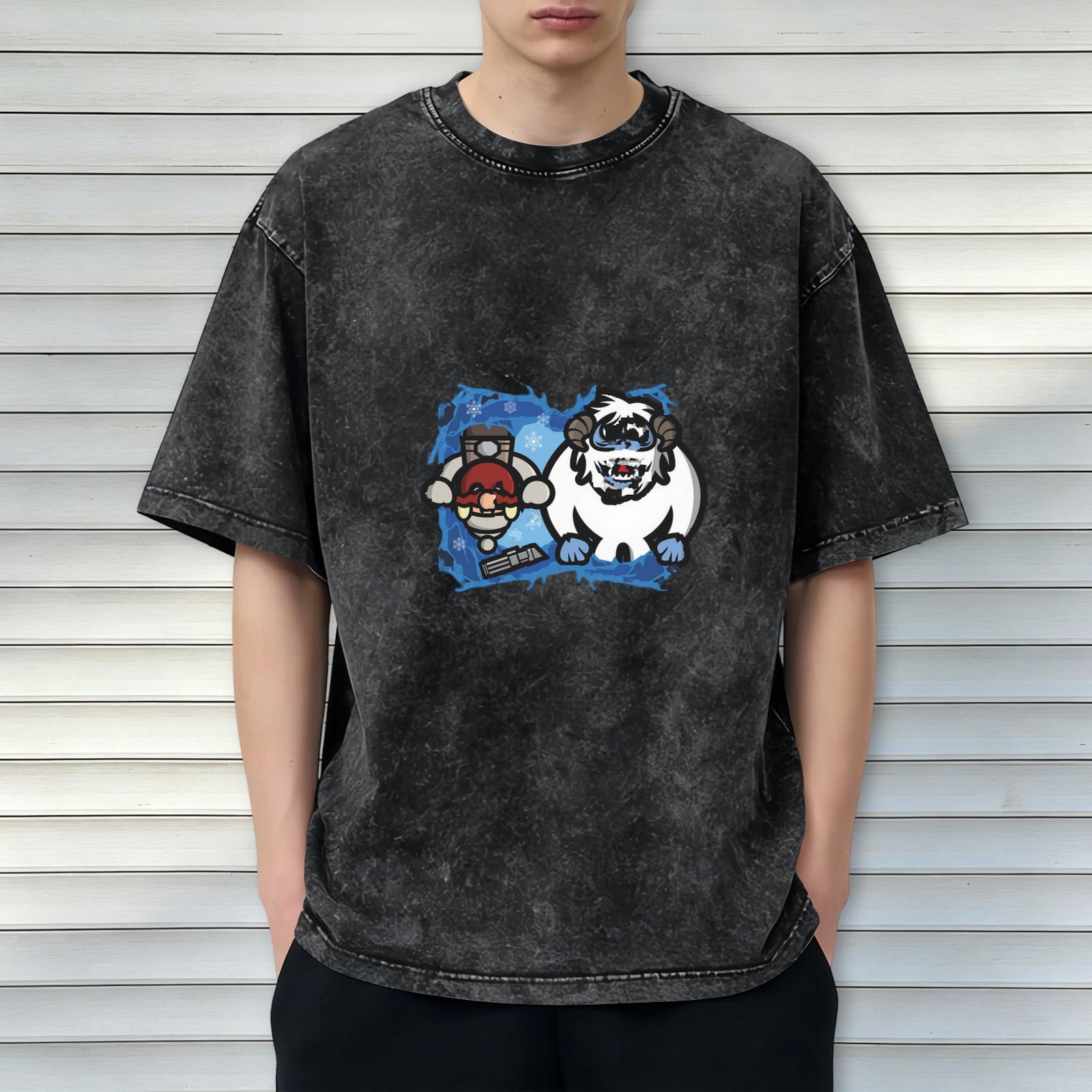 Washed Black T-Shirt with Cartoon Yeti and Winter Character Graphic