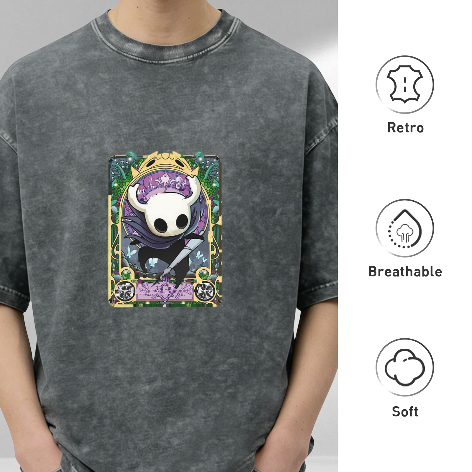 Hollow Knight themed distressed washed black loose short-sleeved T-shirt