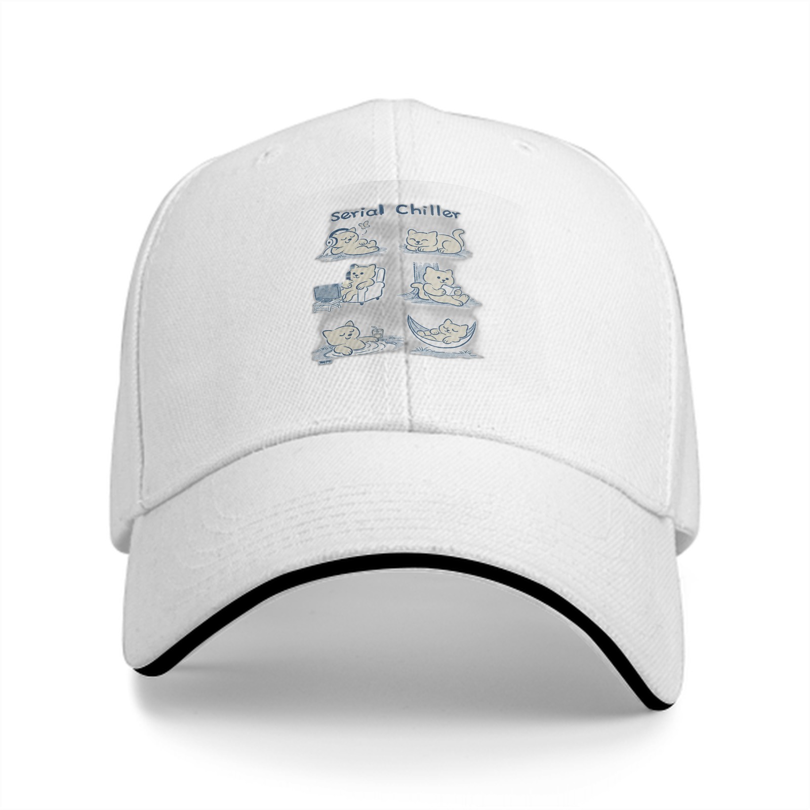 Black baseball cap with serial chillax cat illustrations