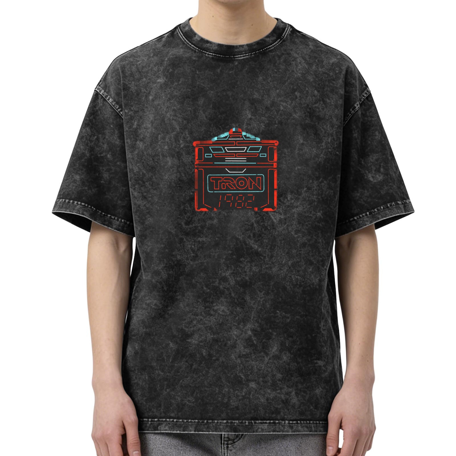 Retro washed black loose short-sleeved T-shirt TRON 1982 themed printed distressed top