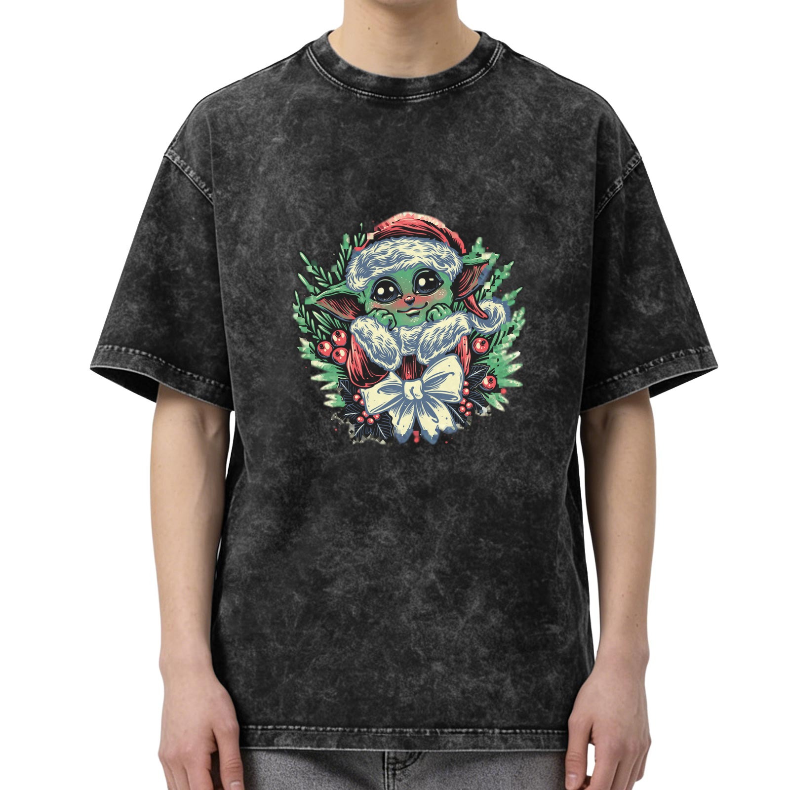 Washed Black T-Shirt With Christmas Baby Alien Graphic