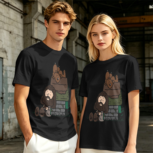 Olive T-Shirt With Cartoon Bearded Man And Doghouse Print