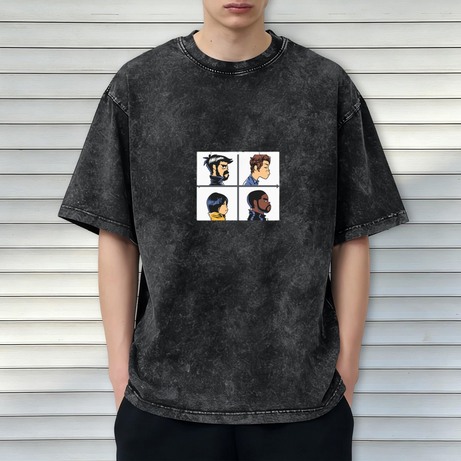 Distressed black short-sleeved T-shirt, four-frame cartoon character print, loose casual top