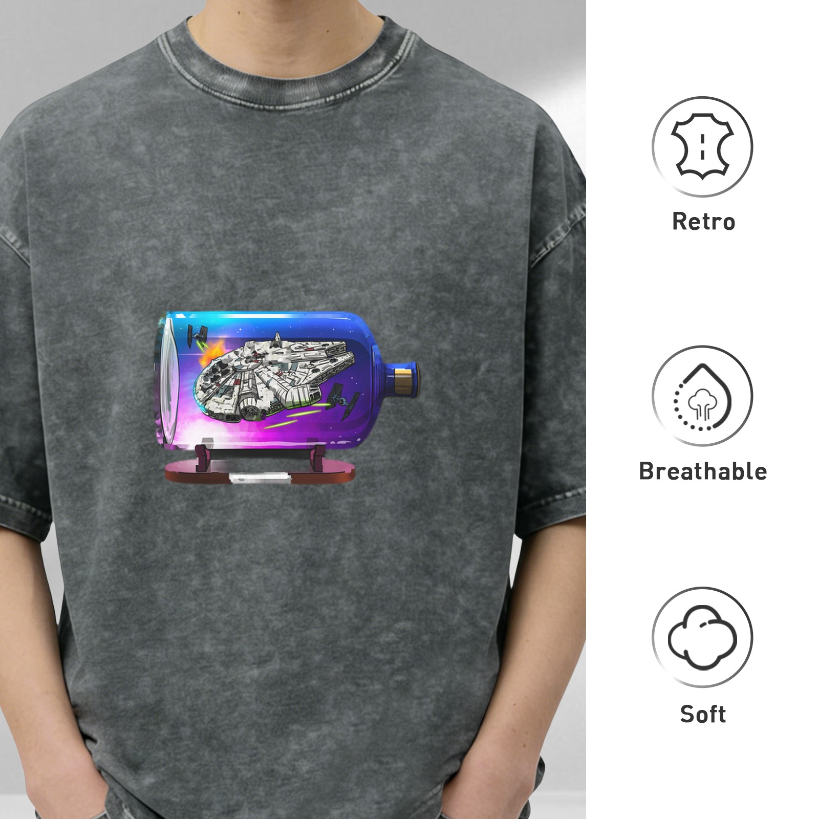 Oversized Acid Wash T-Shirt with Spaceship in Bottle Graphic