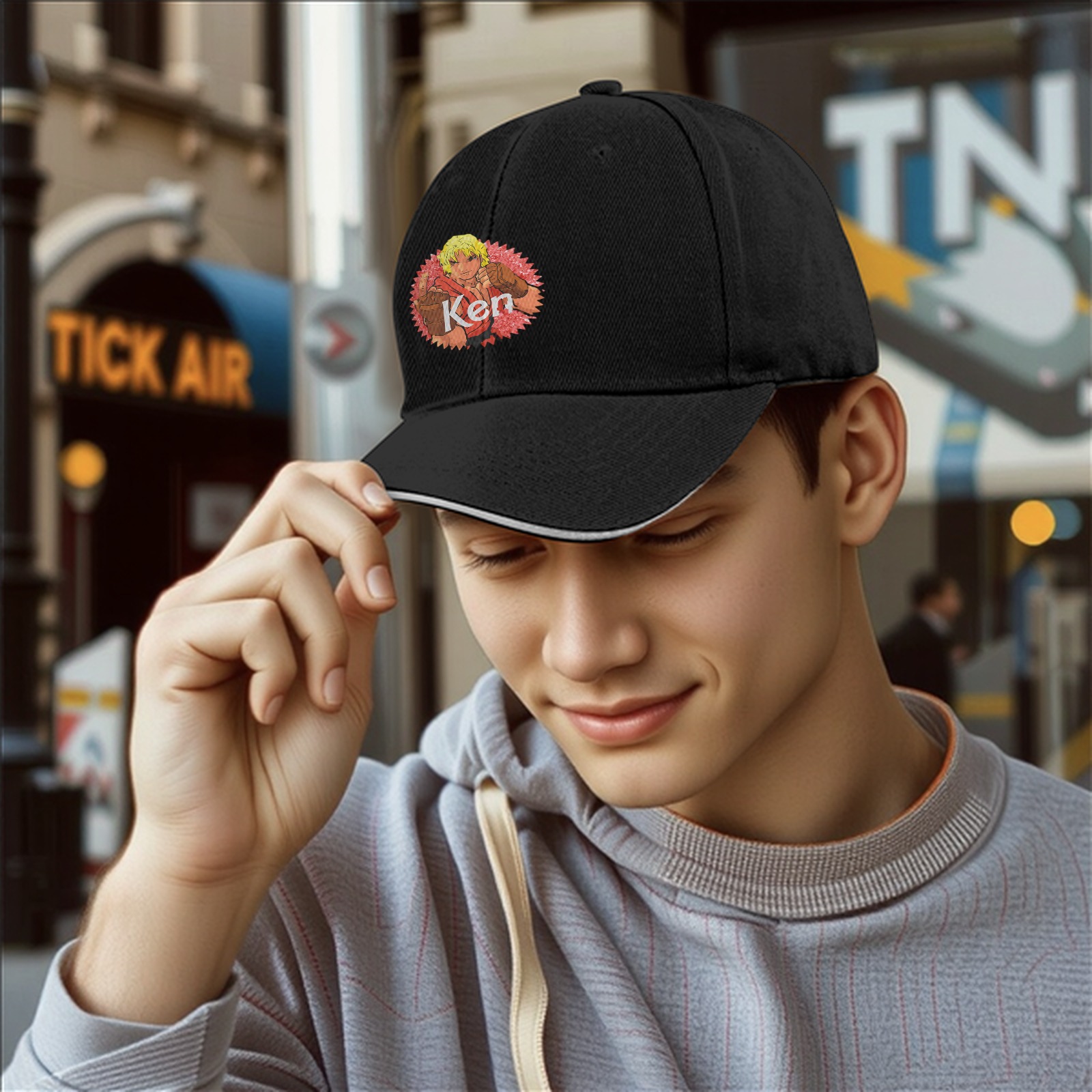 Black Baseball Cap Featuring Street Fighter Ken Design