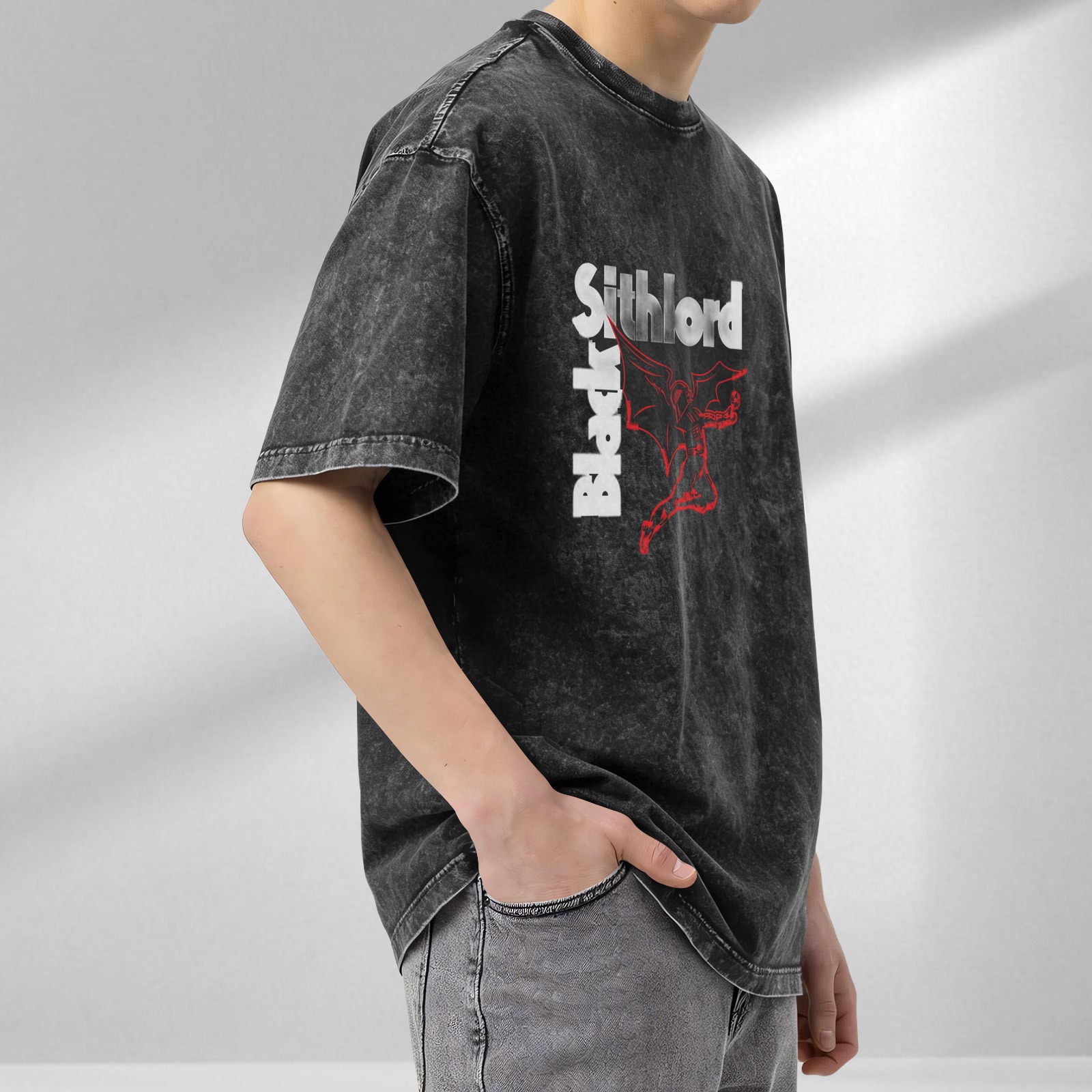 Black Sithlord Demon Graphic Acid Wash T-Shirt