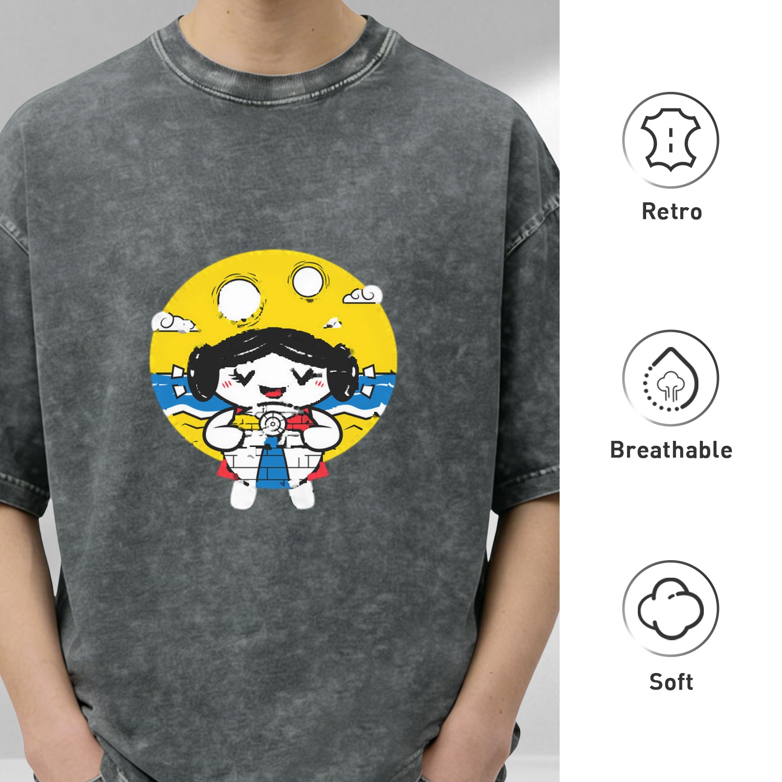 Washed Black T-Shirt With Cute Beach Girl Graphic Print