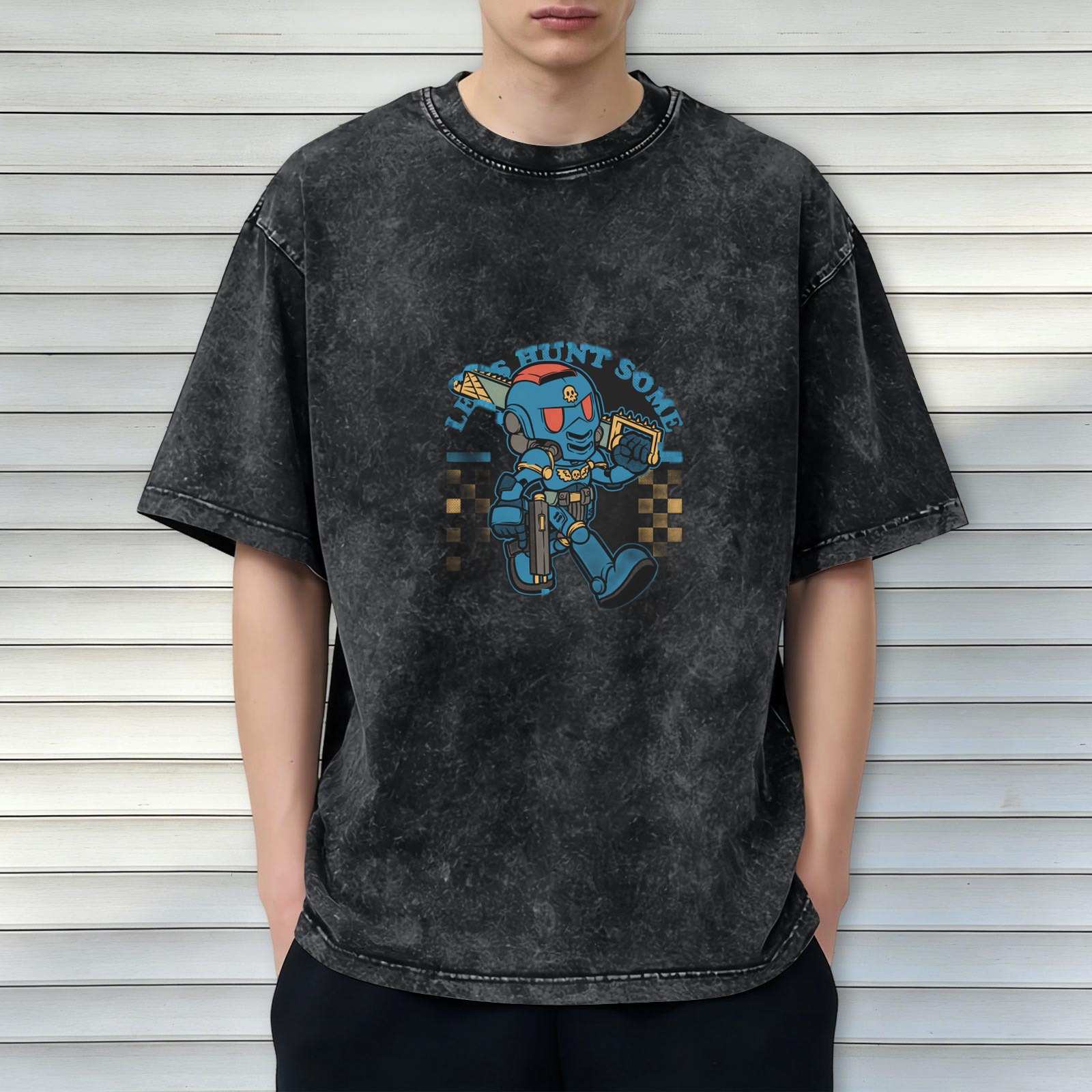 Oversized Acid Wash T-Shirt With Chibi Space Marine Graphic