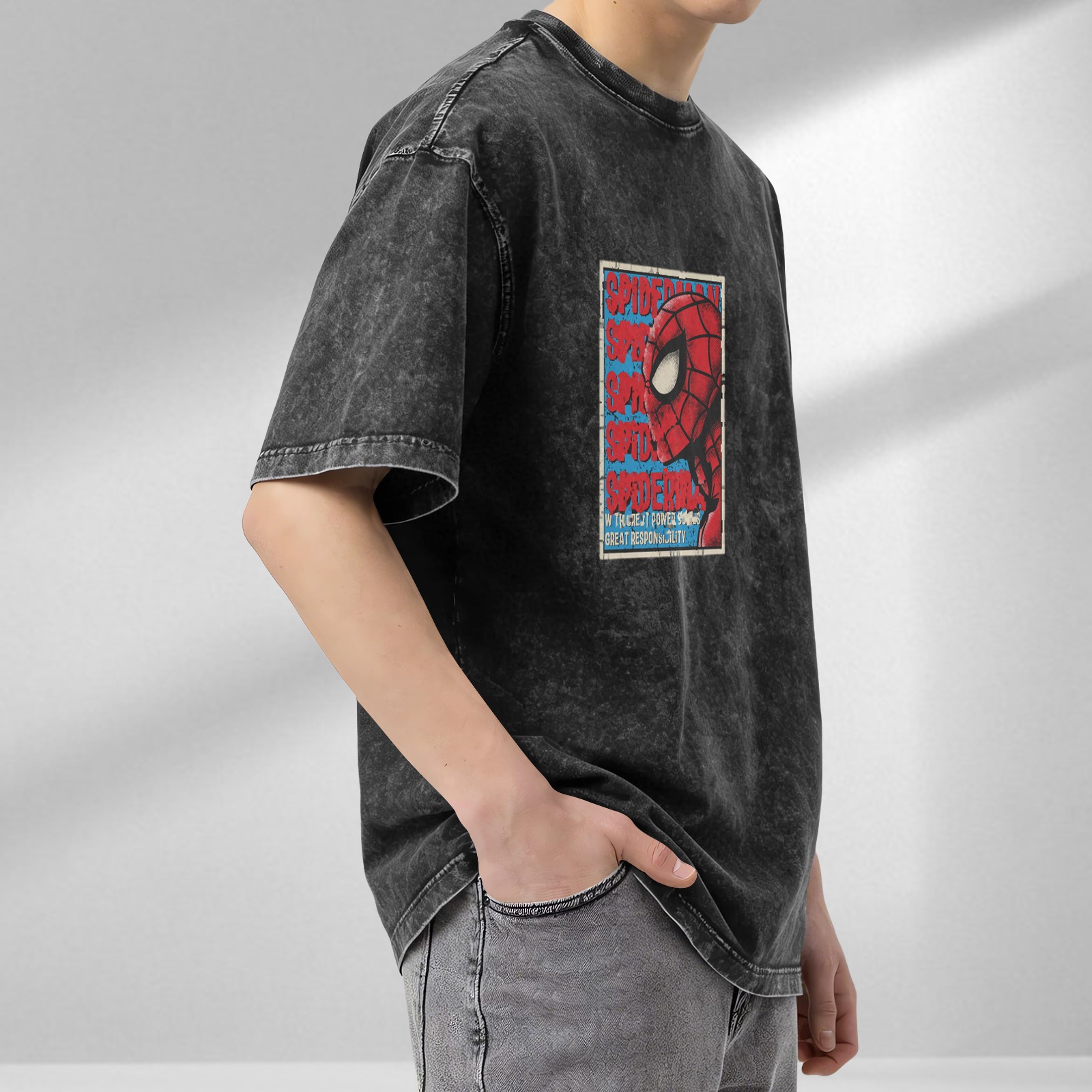 Washed Black Spider-Man Graphic Oversized T-Shirt