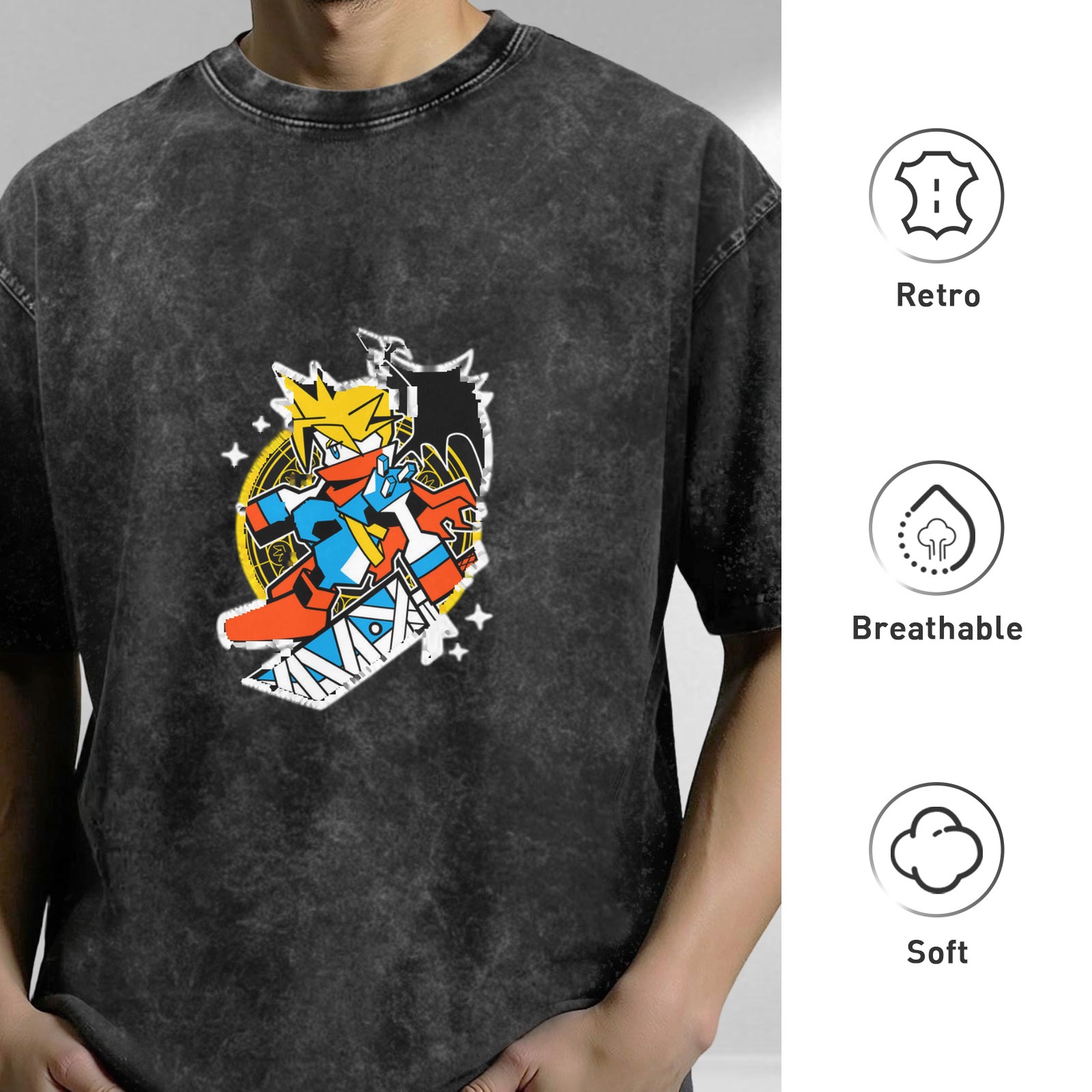 Washed black oversized t-shirt with anime-style graphic print