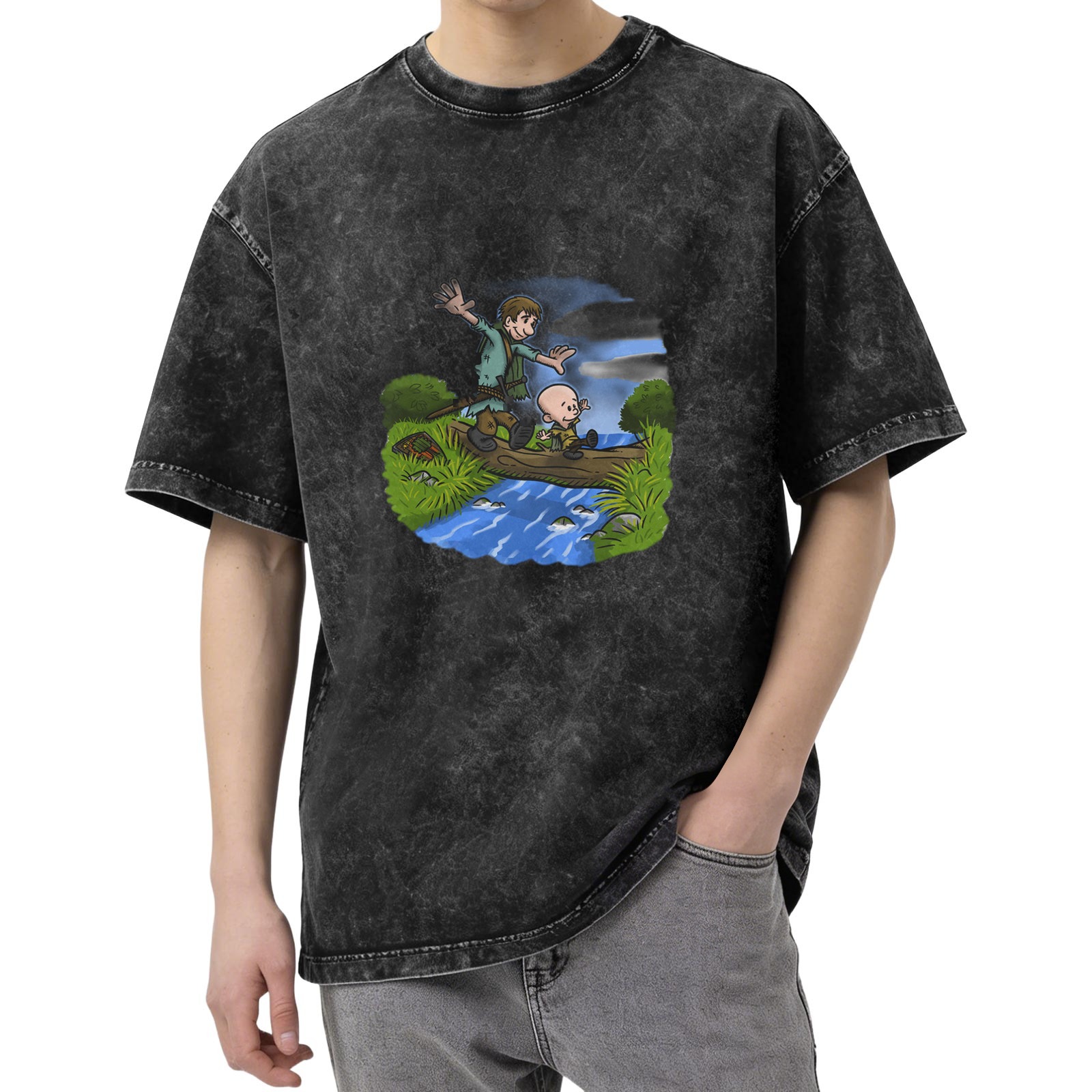 Washed Black T-Shirt With Cartoon Boys Crossing Stream Art