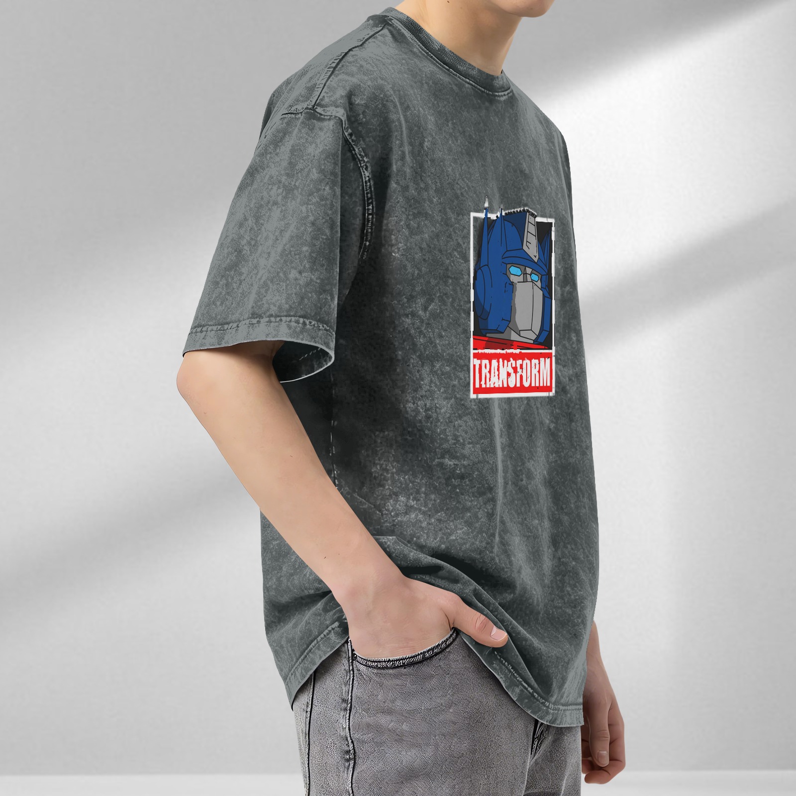 Washed Black T-Shirt with Optimus Prime Graphic and Transform Text