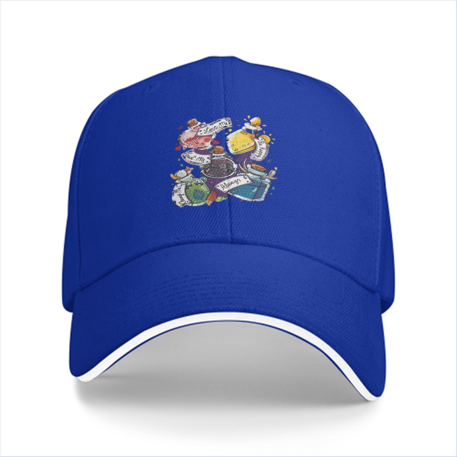 Black baseball cap with magical potion bottle graphic design