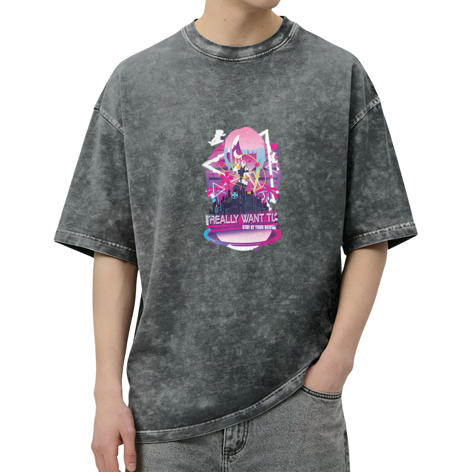 Washed black graphic t-shirt with anime cityscape and text print