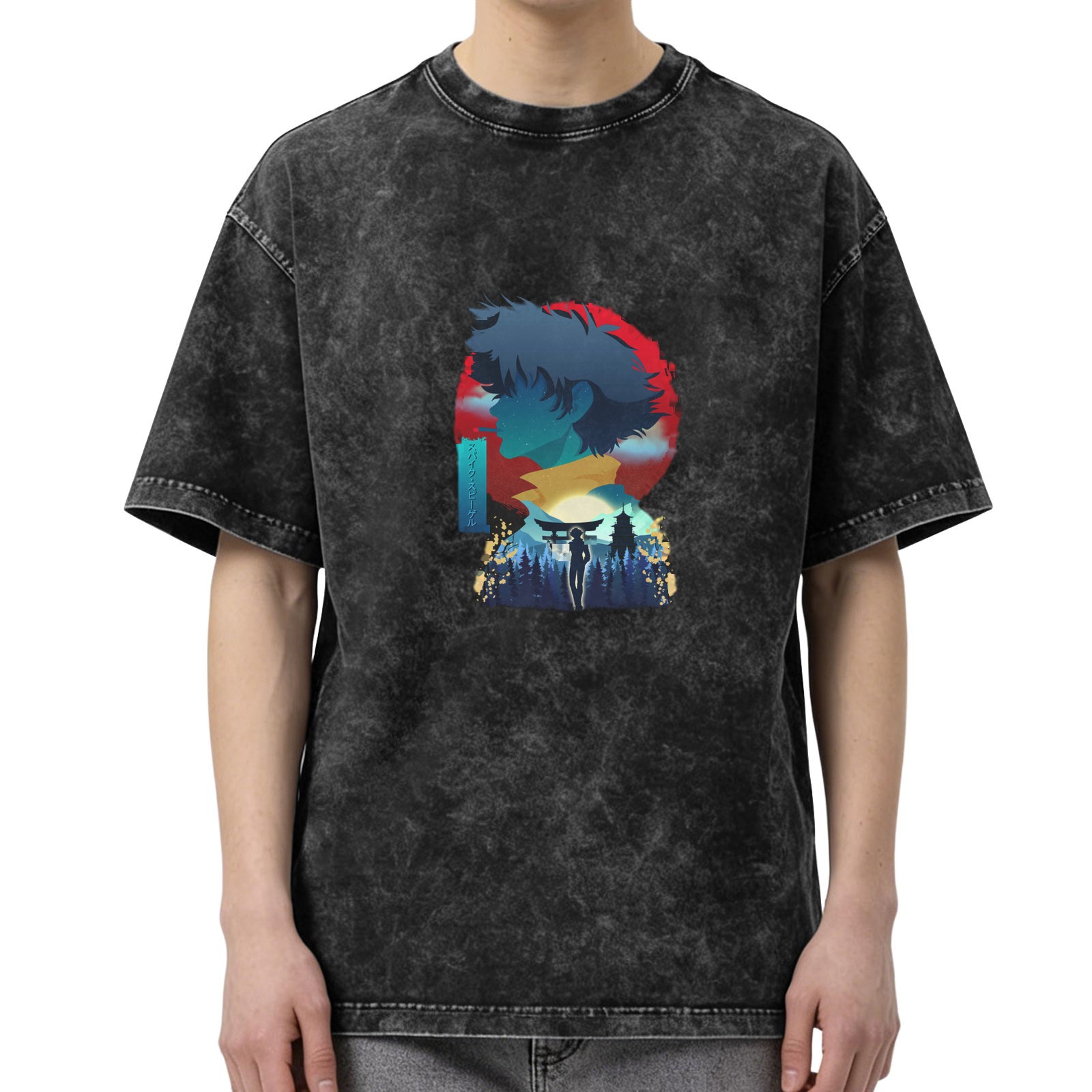 Washed black anime graphic t-shirt with stylized character silhouette design