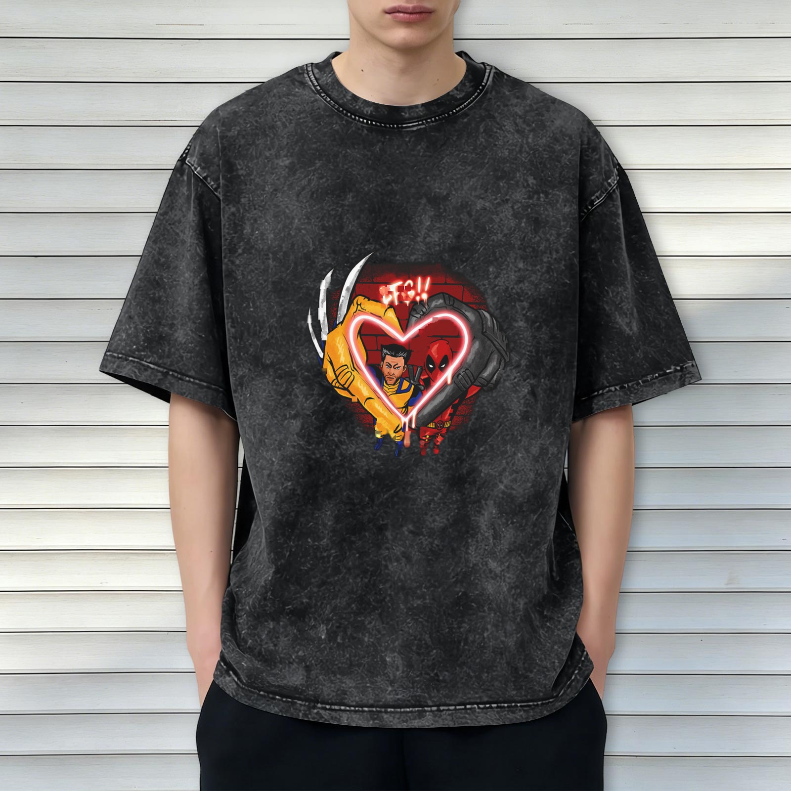 Wolverine and Deadpool Heart Neon Graphic T-Shirt