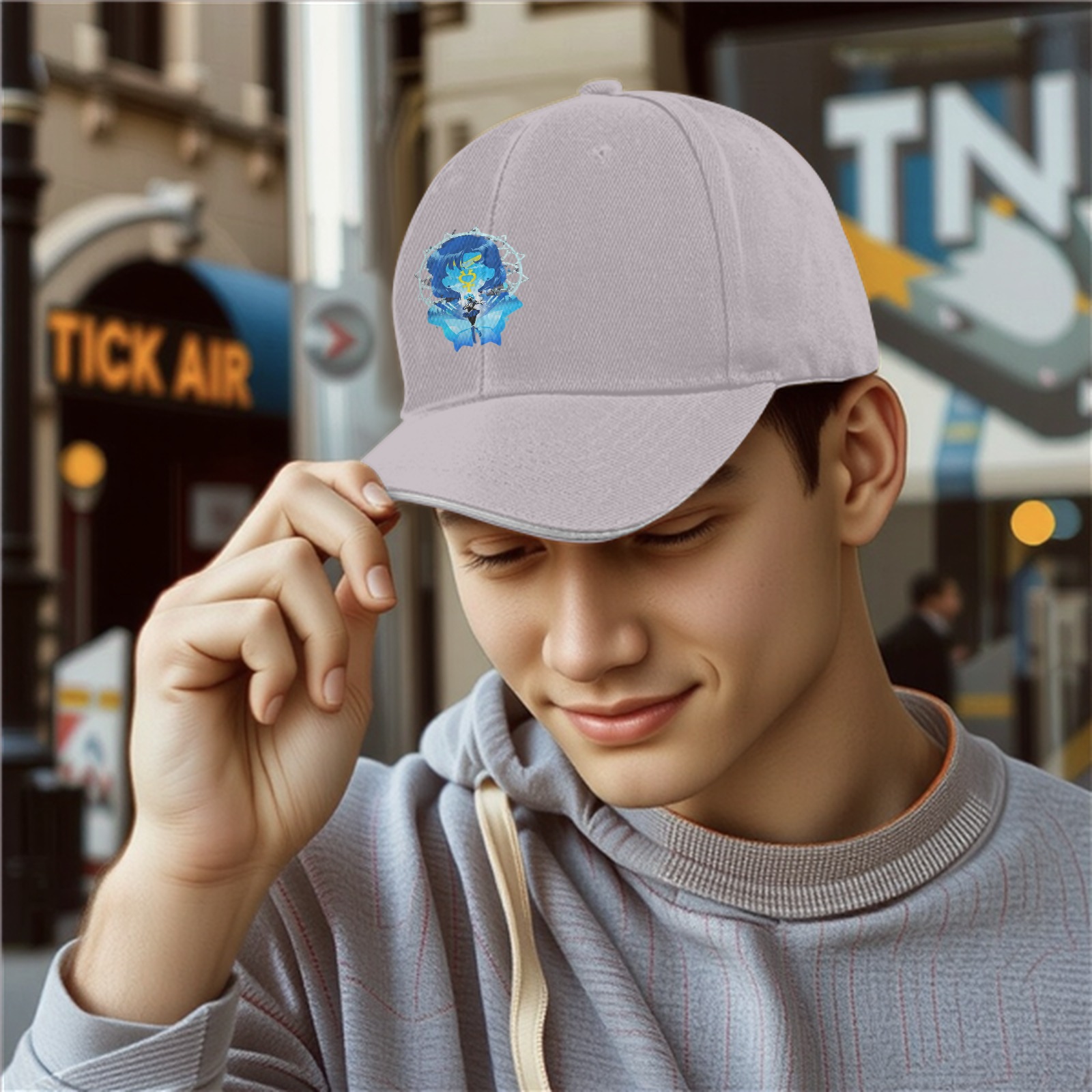 Black Baseball Cap With Blue Anime Character Art Print