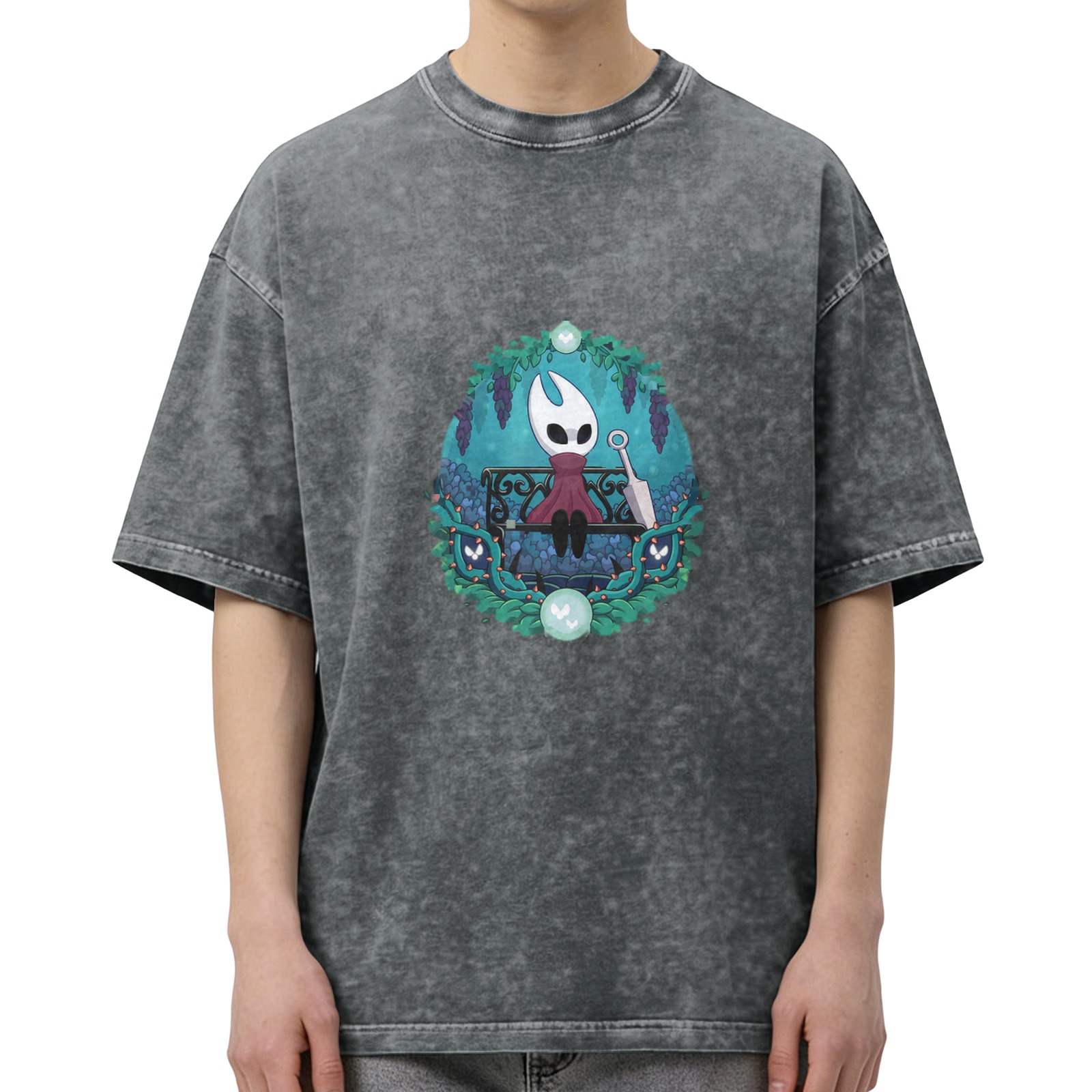 Hollow Knight Themed Dark Wash Graphic T-Shirt