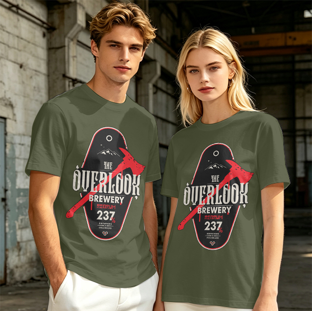 Olive green t-shirt with The Overlook Brewery axe graphic