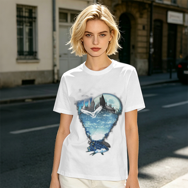 Olive T-Shirt With Magical Castle Owl Night Sky Graphic