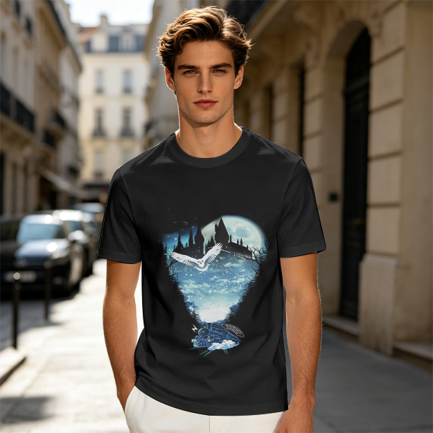 Olive T-Shirt With Magical Castle Owl Night Sky Graphic