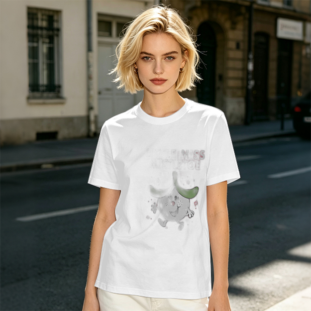 Olive green graphic t-shirt with playful cartoon character print