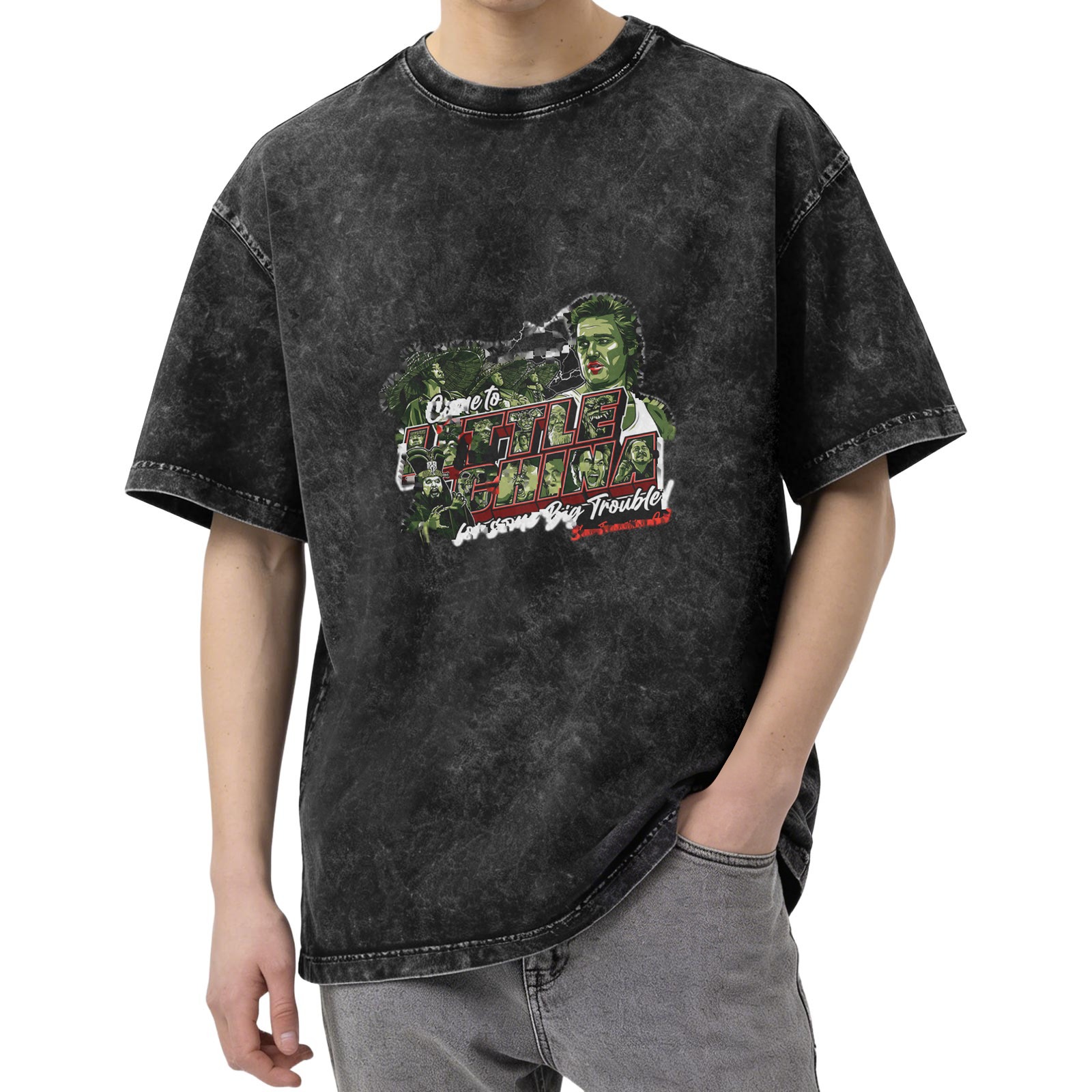 Retro washed black short-sleeved T-shirt with movie 