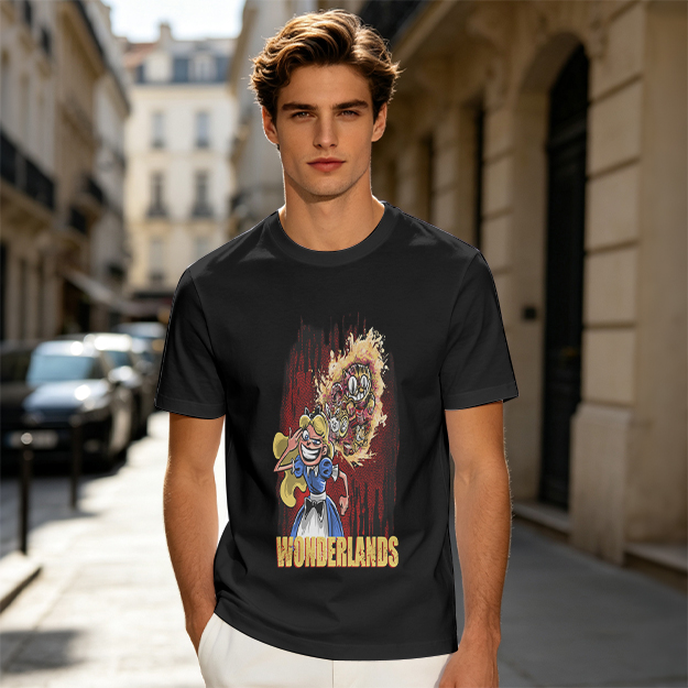 Olive Graphic Tee With Dark Wonderland Themed Cartoon Print