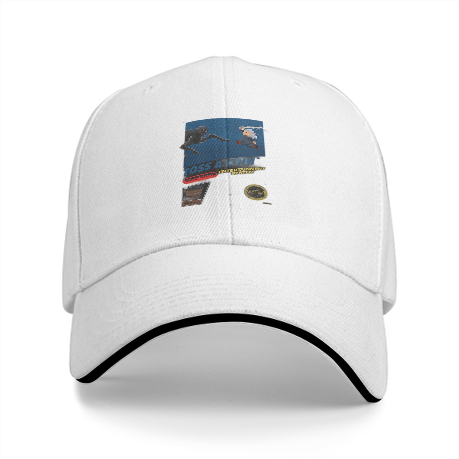 Black baseball cap with retro gaming themed graphic print