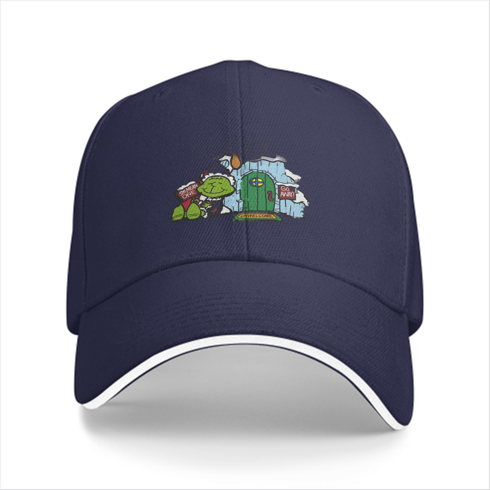 Black baseball cap with Grinch-themed holiday door print