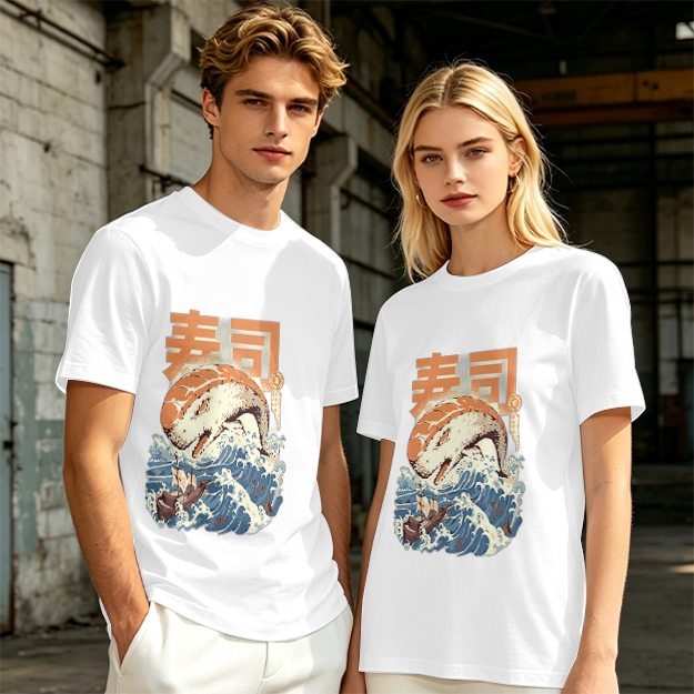 Olive t-shirt with sushi monster and great wave graphic